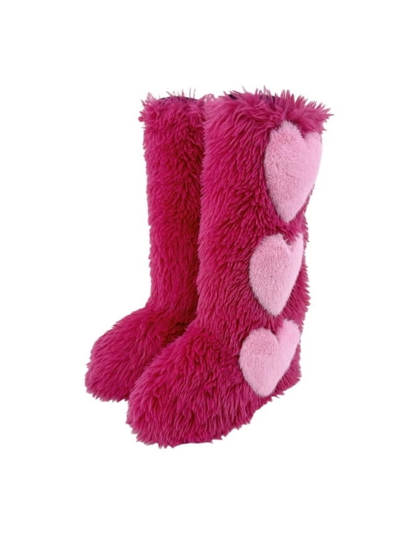 Women's Winter Fluffy Faux Fur Knee High Snow Boots with Heart Design-Warm Fashionable & Cozy Non-Slip Sole Long Boots