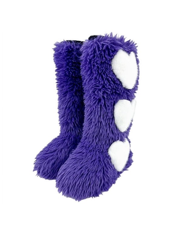 Women's Winter Fluffy Faux Fur Knee High Snow Boots with Heart Design-Warm Fashionable & Cozy Non-Slip Sole Long Boots