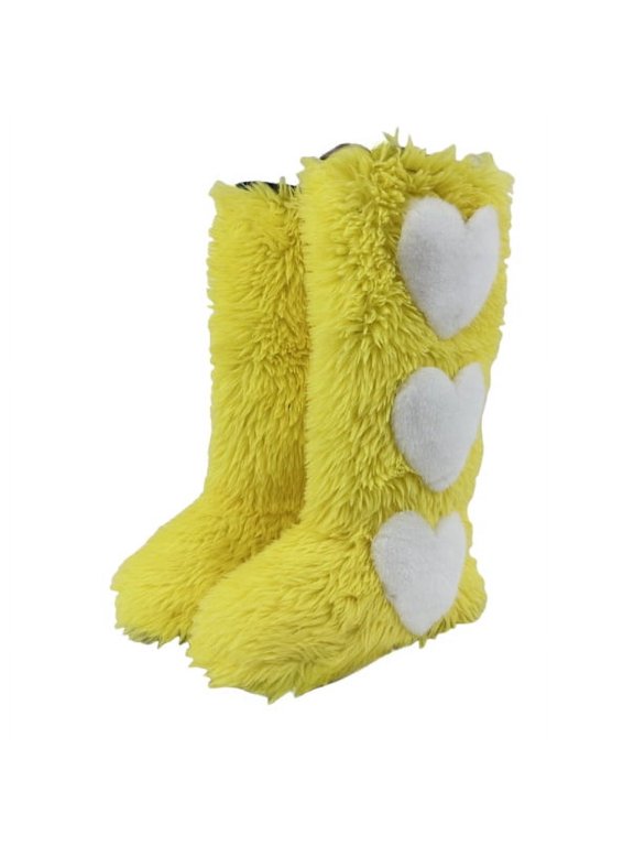 Women's Winter Fluffy Faux Fur Knee High Snow Boots with Heart Design-Warm Fashionable & Cozy Non-Slip Sole Long Boots