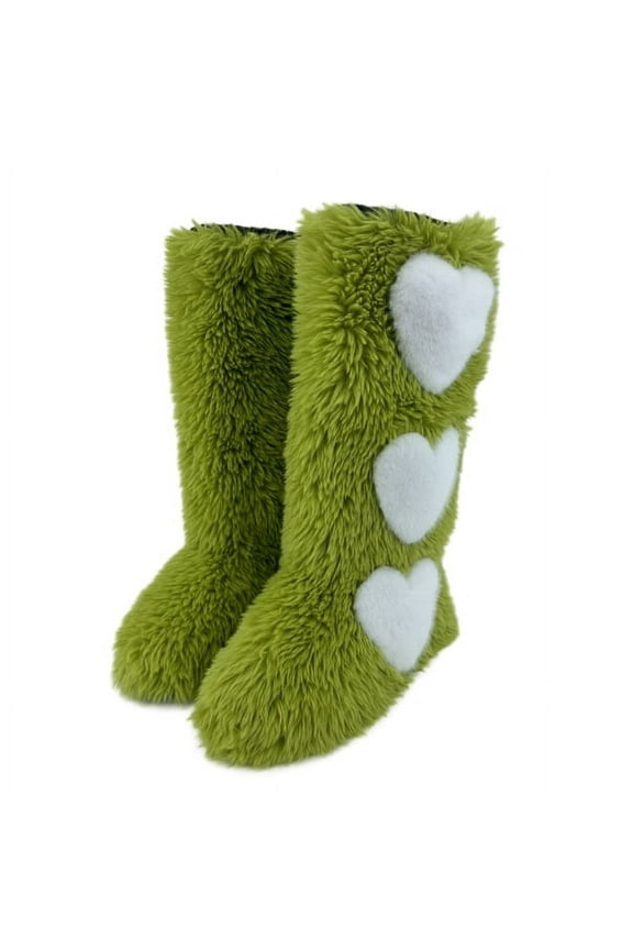 Women's Winter Fluffy Faux Fur Knee High Snow Boots with Heart Design-Warm Fashionable & Cozy Non-Slip Sole Long Boots
