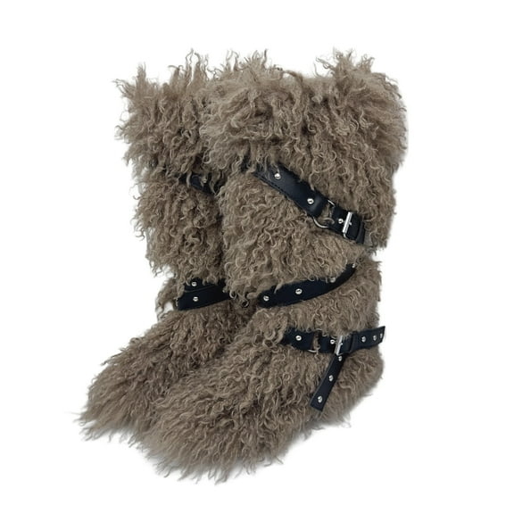 Women's Winter Fluffy Mongolian Faux Fur Mid-Calf Snow Boots with Belt Decoration Plush Furry Boots