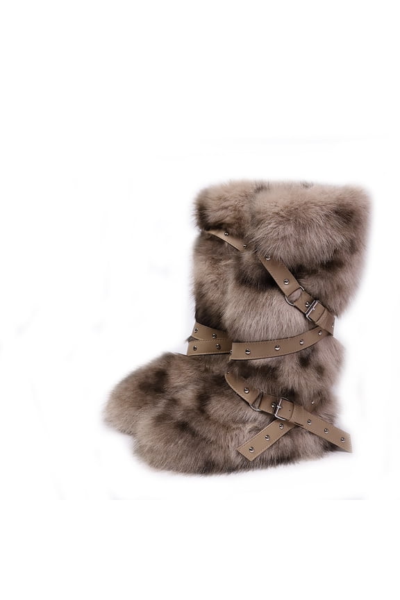 Women's Winter Fluffy Mongolian Faux Fur Mid-Calf Snow Boots with Belt Decoration Plush Furry Boots