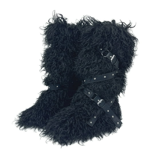 Women's Winter Fluffy Mongolian Faux Fur Mid-Calf Snow Boots with Belt Decoration Plush Furry Boots