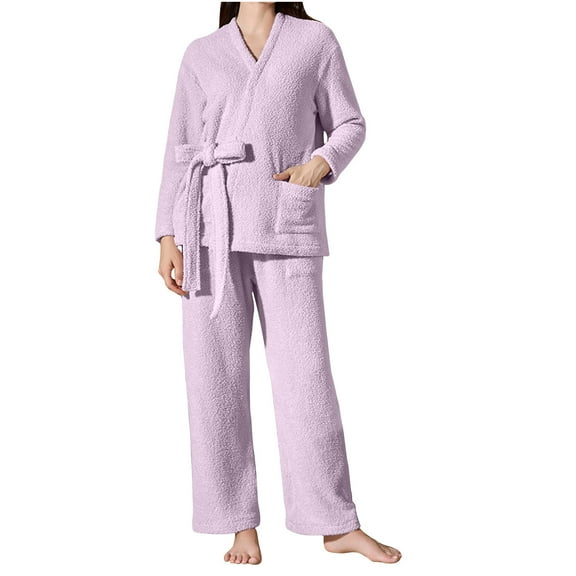 Women's Winter Fluffy Pajama Set Fleece Open Front Pullover Loose Plush Lounge Sets Sleepwear Fuzzy 2 Piece Pjs