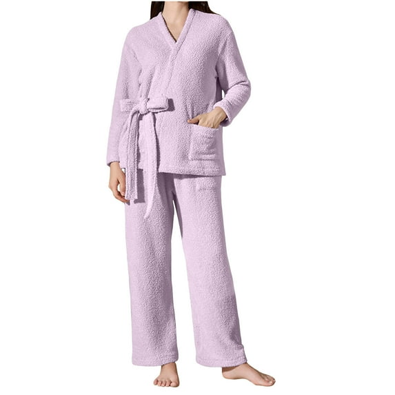 Women's Winter Fluffy Pajama Set Fleece Open Front Pullover Loose Plush Lounge Sets Sleepwear Fuzzy 2 Piece Pjs