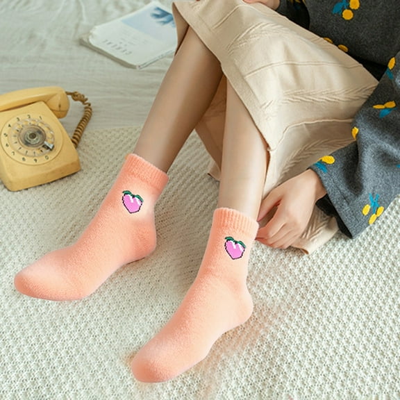 Women's Winter Fruit Pattern Home Socks, Coral Fleece and Mink Plush Lined Slipper Socks, Cozy Quarter-Length Sleep Socks, Non-Slip Warm House Socks for Indoor Wear - Pink