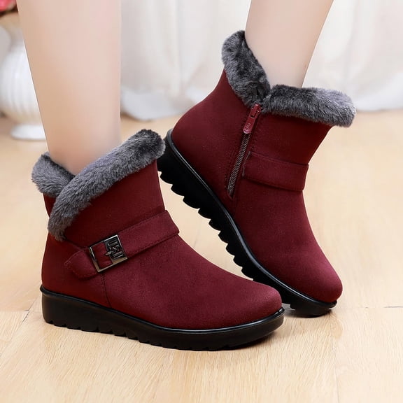 Women's Winter Fur Snow Ankle Boots Buckle Suede Waterproof Zipper Anti-slip Warm Snow Short Booties