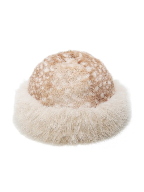 Women’s Winter Fuzzy Bucket Hat Plush Fisherman Style Warm Animal Print Headwear Cozy Elk Deer Inspired Fluffy Beanie for Cold Weather