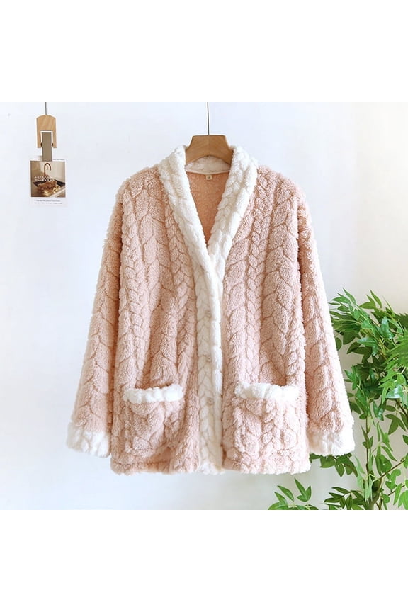 Women's Winter Fuzzy Fleece Bed Jacket Casual Thicken Warm Flannel Button down Sleepwear Cozy Soft Comfy Loungewear New Ladies Pajamas Pinky M