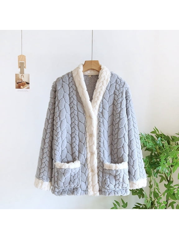 Women's Winter Fuzzy Fleece Bed Jacket Casual Thicken Warm Flannel Button down Sleepwear Cozy Soft Comfy Loungewear New Nighty for Women Blue L
