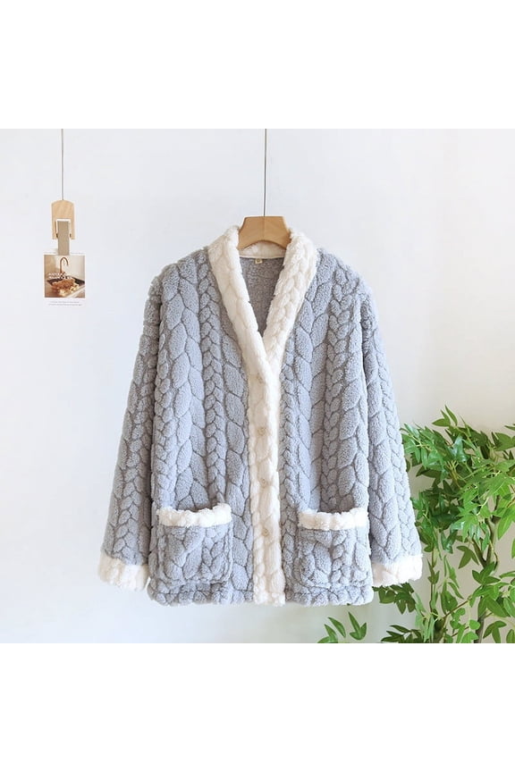 Women's Winter Fuzzy Fleece Bed Jacket Casual Thicken Warm Flannel Button down Sleepwear Cozy Soft Comfy Loungewear New Nighty for Women Blue L