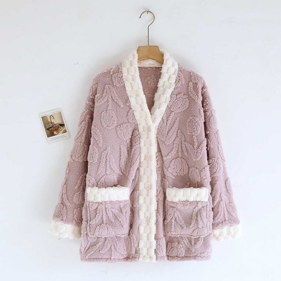 Women's Winter Fuzzy Fleece Pajama Jacket Casual Thicken Warm Flannel Button down Sleepwear Loungewear with Pocket New Women's Fleece Pajamas Tops Purple M