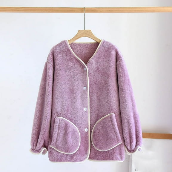 Women's Winter Fuzzy Fleece Pajama Tops Button down Flannel Sleepwear Long Sleeve Warm Winter Coat with Pockets New Womens Lightweight Sleep Shirts Purple L