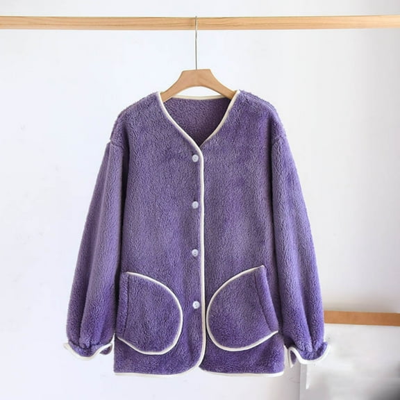 Women's Winter Fuzzy Fleece Pajama Tops Button down Flannel Sleepwear Long Sleeve Warm Winter Coat with Pockets New Sleep Shirts for Women Pinks M