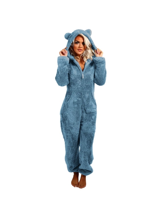 Women's Winter Fuzzy Sherpa Onesie Pajamas - Hooded Flannel One Piece Romper with Pockets, Warm Elastic Cuff Loungewear Sleepwear