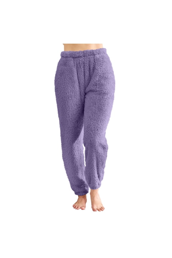 Women's Winter Fuzzy Sherpa Pajama Pants - High Waist Wide Leg Plush Lounge Bottoms, Soft Fleece Sleepwear Trousers for Home