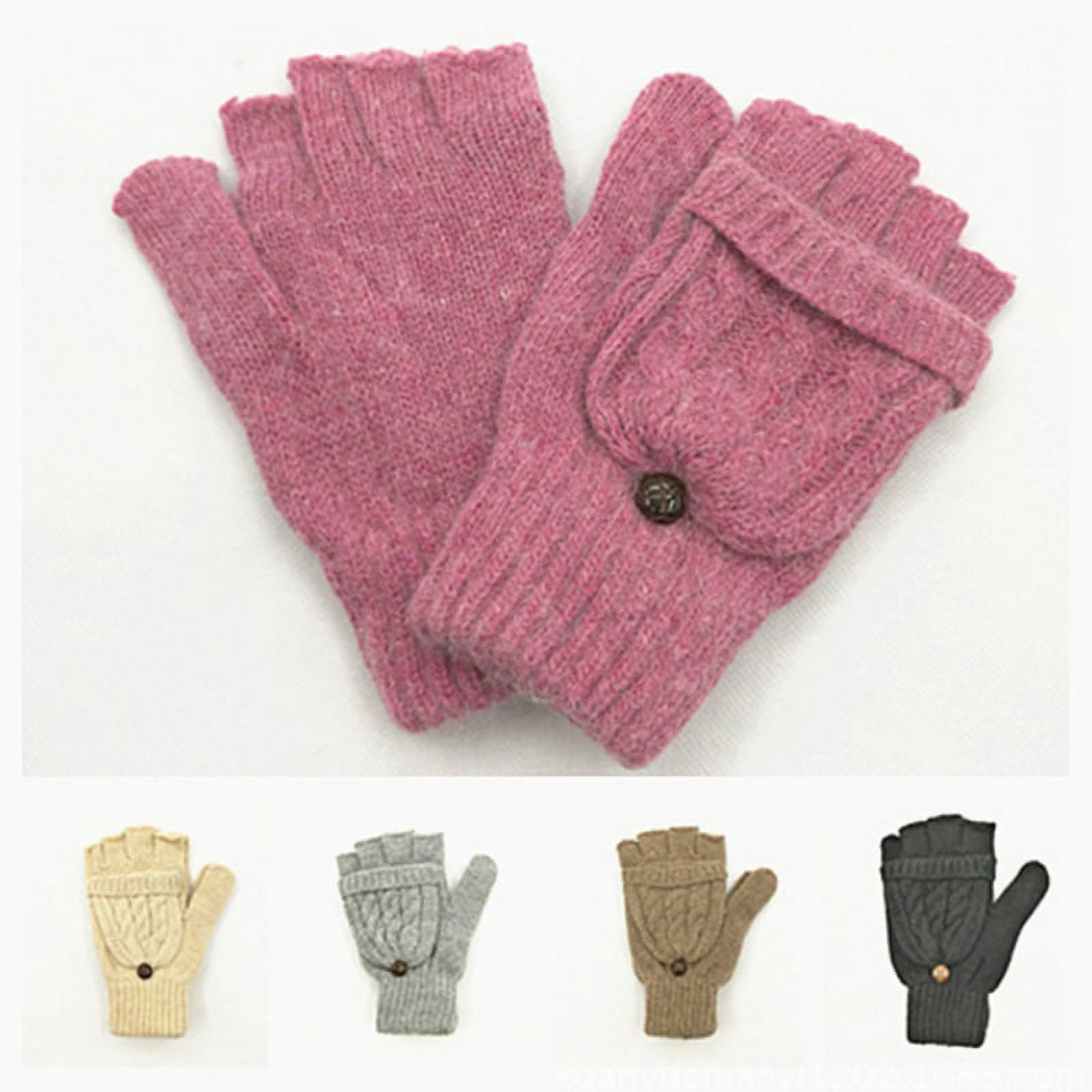 3 Pairs Winter Fingerless Gloves Warm Convertible Mittens, Pink