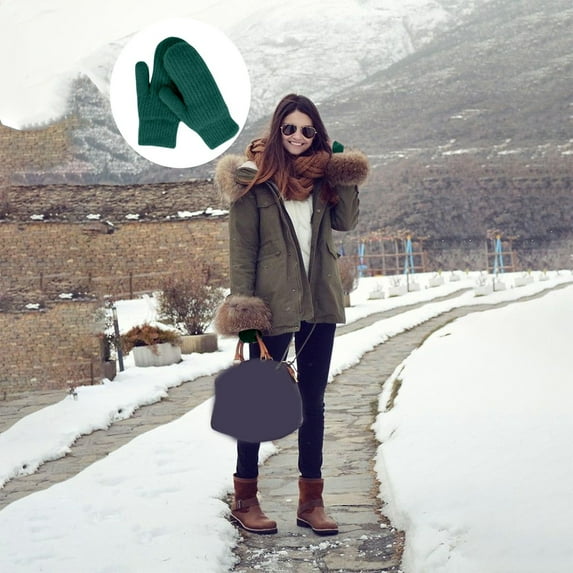 Women's Winter Gloves Warm Lining Knit Mittens (Green One Size)