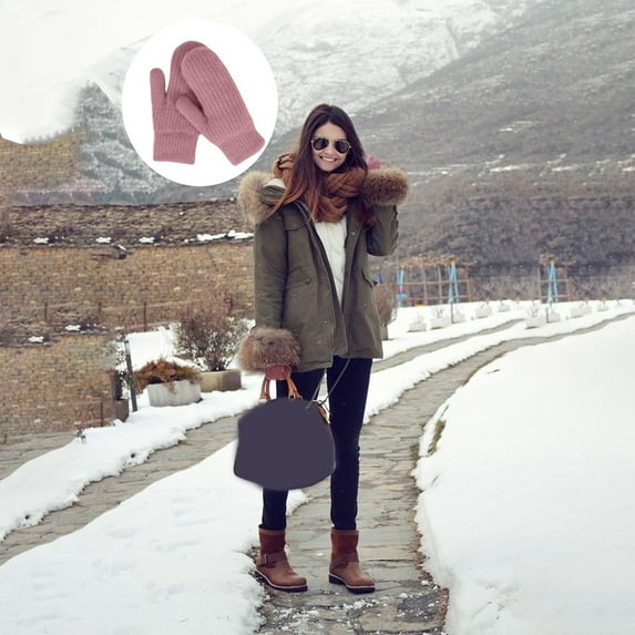 Women's Winter Gloves Warm Lining Knit Mittens (Light Pink One Size)