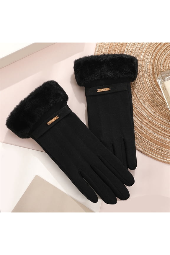Women's Winter Gloves with Furry Cuff, Warm Fleece Lined Gloves for Cold Weather, Windproof Outdoor Gloves for Driving, Skiing, and Running - Black