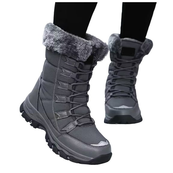 Women's Winter Grey Snow Boots Waterproof Lightweight Warm Faux Furry Lined Mid Calf Booties Comfortable Non Slip Hiking Work Shoes Size 7.5
