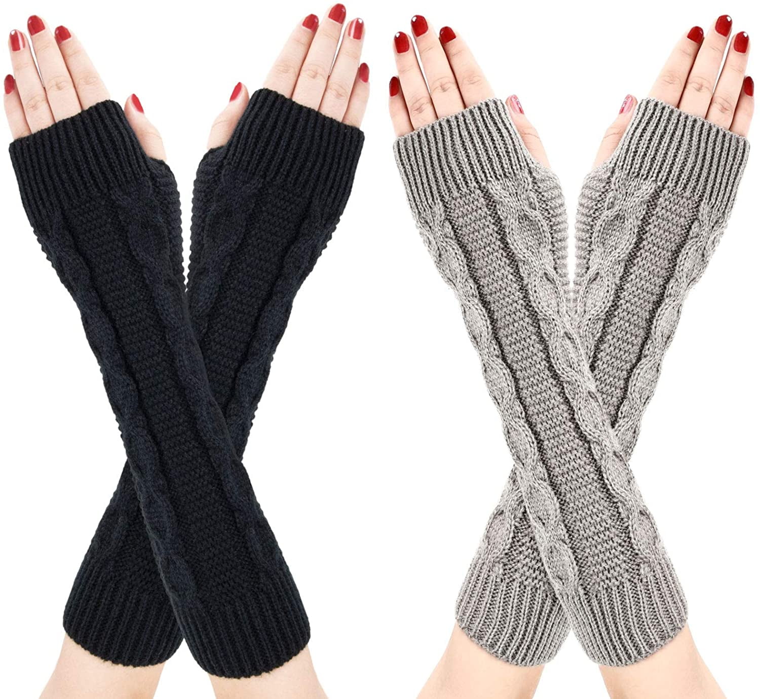 Women's Winter Half Gloves, 2 Pairs of Warm Knitted Fingerless Arm Warmers Mittens