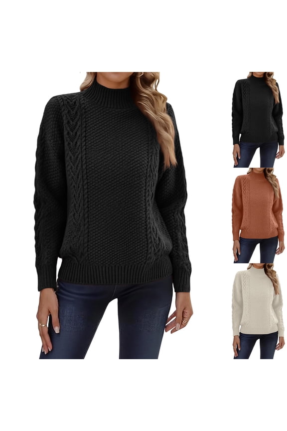 Women's Winter Half-High Round Neck Cable Knitted Slit Bottoming Sweater, Cozy and Functional, Ideal for Everyday Wear and Cold Weather,Beige,L