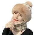 thumbnail image 1 of Women's Winter Hat with Built-in Scarf, Plush Lined Thickened Hood for Riding and E-Bike, Windproof Cold Proof Integrated Neck Warmer, All-in-One Winter Headwear for Women Gold, 1 of 2