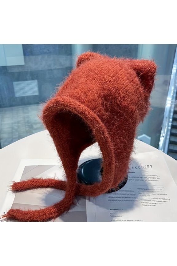 Women's Winter Hat with Ears & Pom-Pom - Soft Elastic Ear Muffs, Slouchy Beanie for Large Head, Cute Bunny-like for Cold Weather, Hand Washable (Face-Flattering Fit) - Cozy Gift for & Women