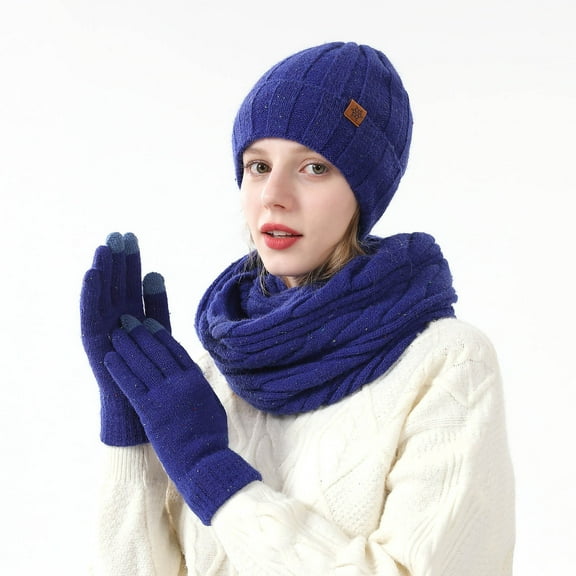 Women's Winter Hat Gloves Scarf Set Soft Wool Beanie Hat Cable Knit Scarf Gloves 3Pcs Gift Blue