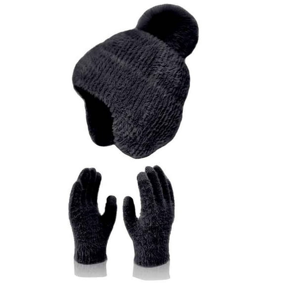 Women's Winter Hat and Gloves Set, Fleece Lined Ear Protection Knit Beanie with Matching Gloves, Thermal Cold Weather Two-Piece Set for Snow Activities, Windproof Plush Ear Flap Hat and Gloves Combo