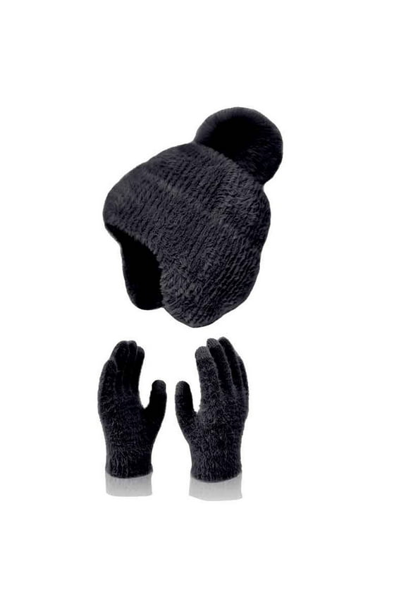 Women's Winter Hat and Gloves Set, Fleece Lined Ear Protection Knit Beanie with Matching Gloves, Thermal Cold Weather Two-Piece Set for Snow Activities, Windproof Plush Ear Flap Hat and Gloves Combo