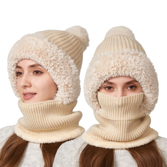 Women's Winter Hat With Integrated Scarf and Face Mask Lined Knit Beanie For Cold Weather Windproof Cycling Cap with Neck Warmer Thermal Balaclava Plush Hooded Hat Beige
