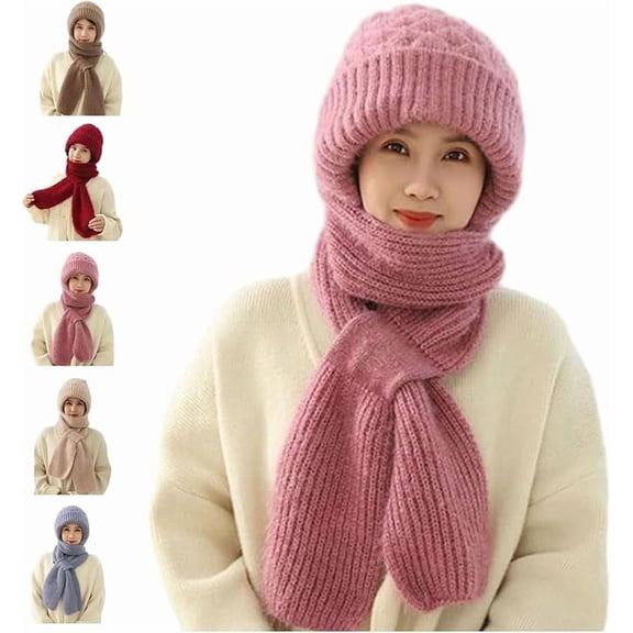 Women's Winter Hat Scarf- Fleece Lined Knit Beanie with Ear Flaps, Convertible Face Mask Balaclava for Cold Weather, Windproof Snow Ski Cap