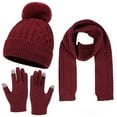 thumbnail image 1 of Women's Winter Hat Scarf Gloves 3-Piece Set, Warm Knit Beanie with Soft Fleece Lining, Matching Neck Warmer and Mittens, Cold Weather Accessories for Adults, Trio Set for Outdoor Activities Wine, 1 of 6