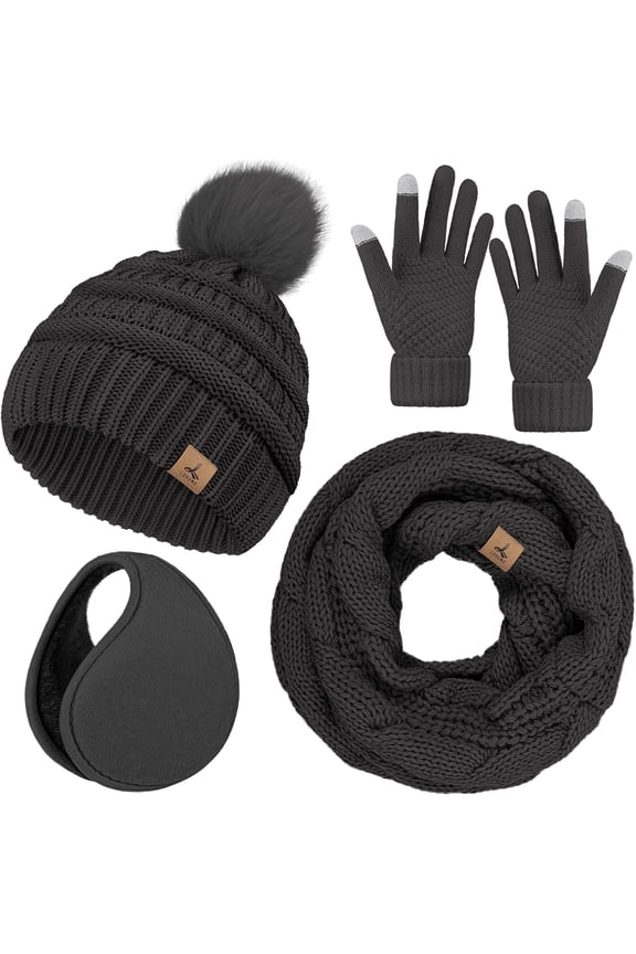Women’s Winter Hat Scarf Gloves Set, Knit Beanie Touchscreen Gloves Ear Warmer for Cold Weather Gifts