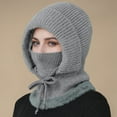 thumbnail image 1 of Women's Winter Hat Scarf Mask Integrated, Fleece Lined Knit Beanie with Face Cover, Windproof Cold Weather Riding Cap, Thermal Ear Protection Hooded Hat for Cycling - Grey, 1 of 7