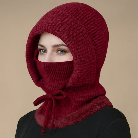 Women's Winter Hat Scarf Mask Integrated, Fleece Lined Knit Beanie with Face Cover, Windproof Cold Weather Riding Cap, Thermal Ear Protection Hooded Hat for Cycling - Wine