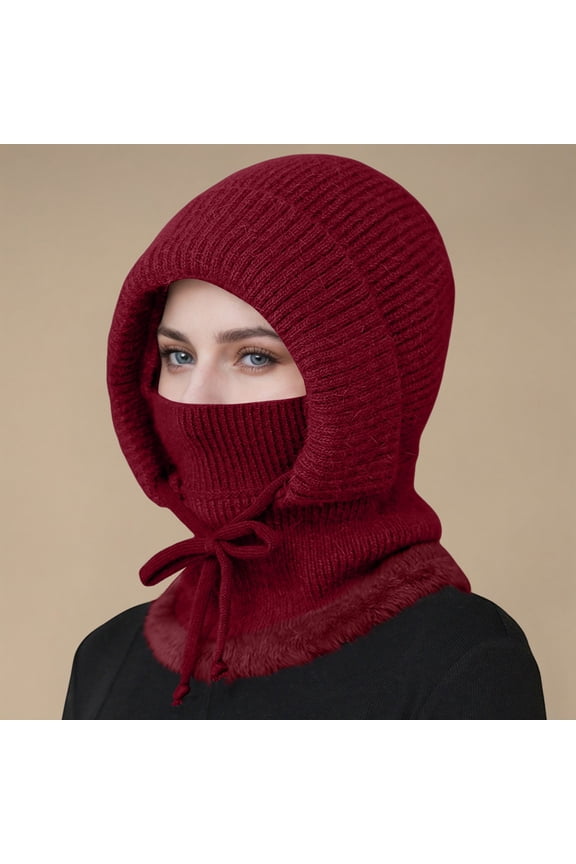 Women's Winter Hat Scarf Mask Integrated, Fleece Lined Knit Beanie with Face Cover, Windproof Cold Weather Riding Cap, Thermal Ear Protection Hooded Hat for Cycling - Wine