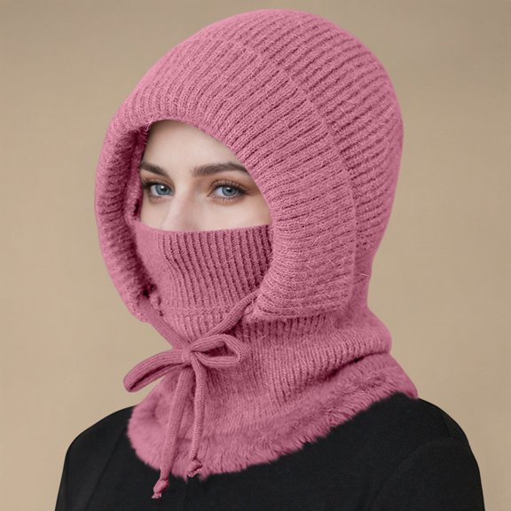 Women's Winter Hat Scarf Mask Integrated, Fleece Lined Knit Beanie with Face Cover, Windproof Cold Weather Riding Cap, Thermal Ear Protection Hooded Hat for Cycling - Pink
