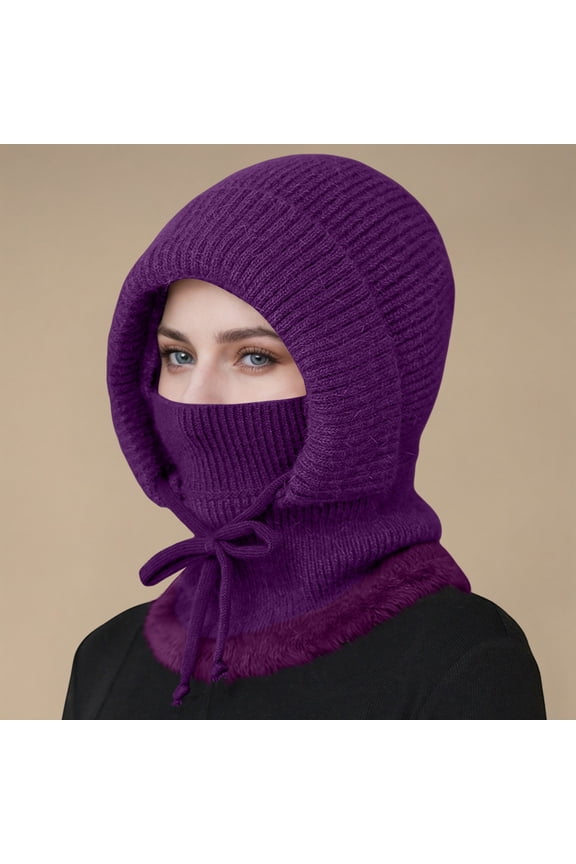 Women's Winter Hat Scarf Mask Integrated, Fleece Lined Knit Beanie with Face Cover, Windproof Cold Weather Riding Cap, Thermal Ear Protection Hooded Hat for Cycling - Purple