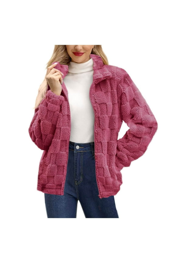 Women's Winter High Collar Long Sleeve Loose Fit Iron Button Plain Coat Jacket Outerwear for Casual Daily Wear Office Travel and Street Fashion Essential | Aestivo,Hot Pink L