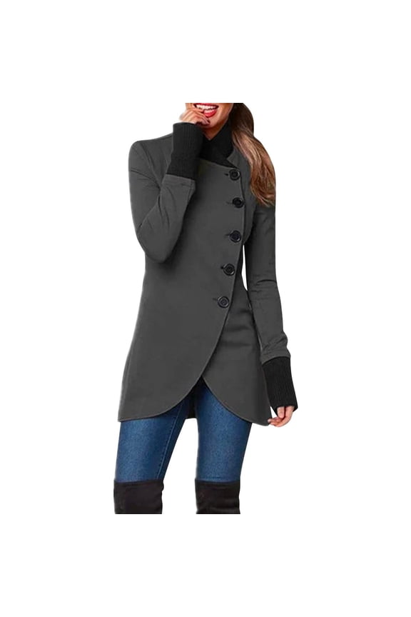Women's Winter High Neck Jacket Casual Long Coat with Asymmetrical Hem Slim Fit Outwear