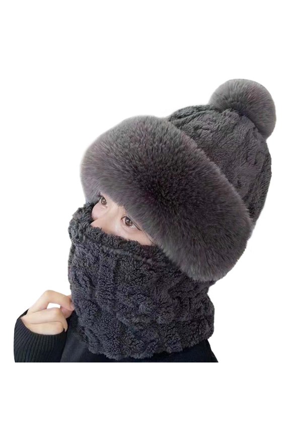 Women's Winter Hood with Attached Scarf, Plush Lined Windproof Riding Cap for Cold Weather, Thick Fleece Balaclava Style Hat for E-Bike and Bicycle, Integrated Neck Warmer Winter Hood Gray1