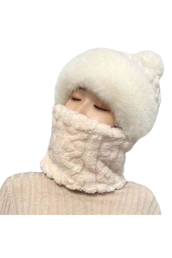 Women's Winter Hood with Attached Scarf, Plush Lined Windproof Riding Cap for Cold Weather, Thick Fleece Balaclava Style Hat for E-Bike and Bicycle, Integrated Neck Warmer Winter Hood White1