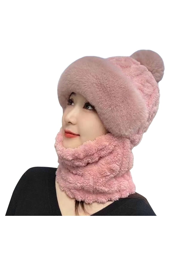 Women's Winter Hood with Attached Scarf, Plush Lined Windproof Riding Cap for Cold Weather, Thick Fleece Balaclava Style Hat for E-Bike and Bicycle, Integrated Neck Warmer Winter Hood Pink1