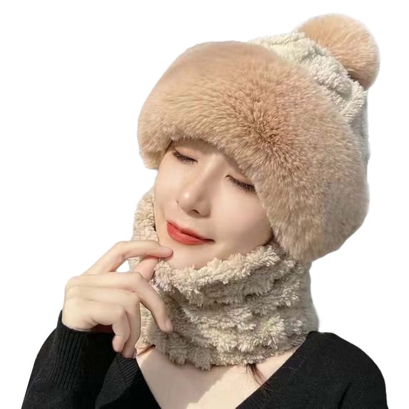 Women's Winter Hood with Attached Scarf, Plush Lined Windproof Riding Cap for Cold Weather, Thick Fleece Balaclava Style Hat for E-Bike and Bicycle, Integrated Neck Warmer Winter Hood Gold