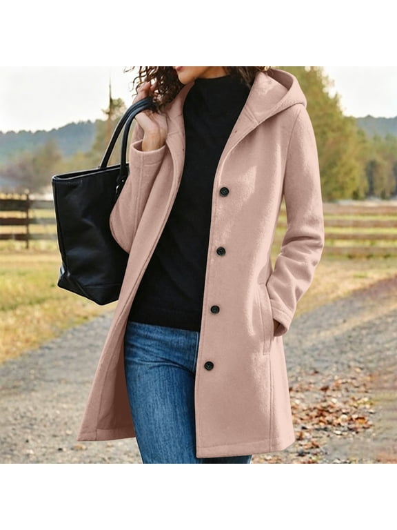 Women's Winter Hooded Coat Button Down Mid Length Pea Coats Casual Warm Outerwear Trench Jacket with Pockets Elegant Overcoat