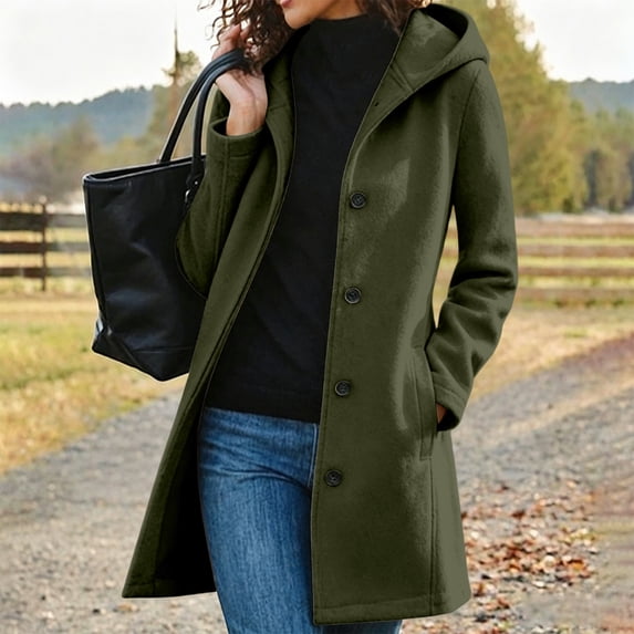 Women's Winter Hooded Coat Button Down Mid Length Pea Coats Casual Warm Outerwear Trench Jacket with Pockets Elegant Overcoat