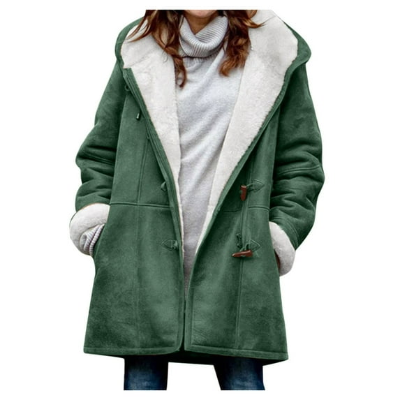 Women's Winter Hooded Coat Thick Warm Fleece Sherpa Lined Suede Leather Coat Outerwear Casual Loose Long Sleeves Jackets with Horn Buttons